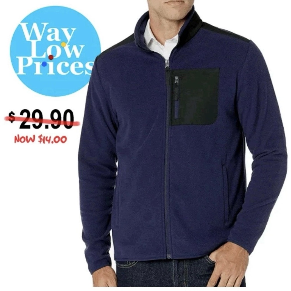 Amazon Essentials Men's Blue Zip-Up Sweater with Black Pocket Size Medium